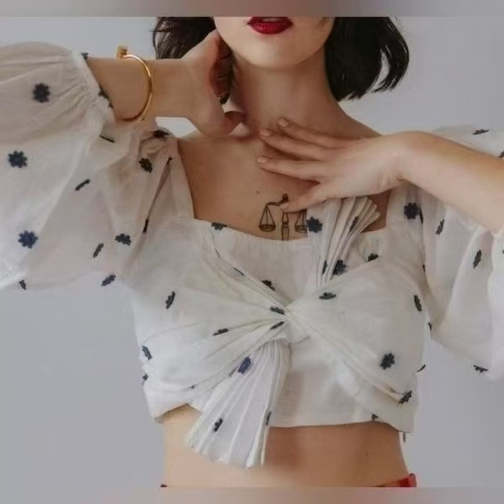 FARM Rio White and Blue Bow front crop Blouse